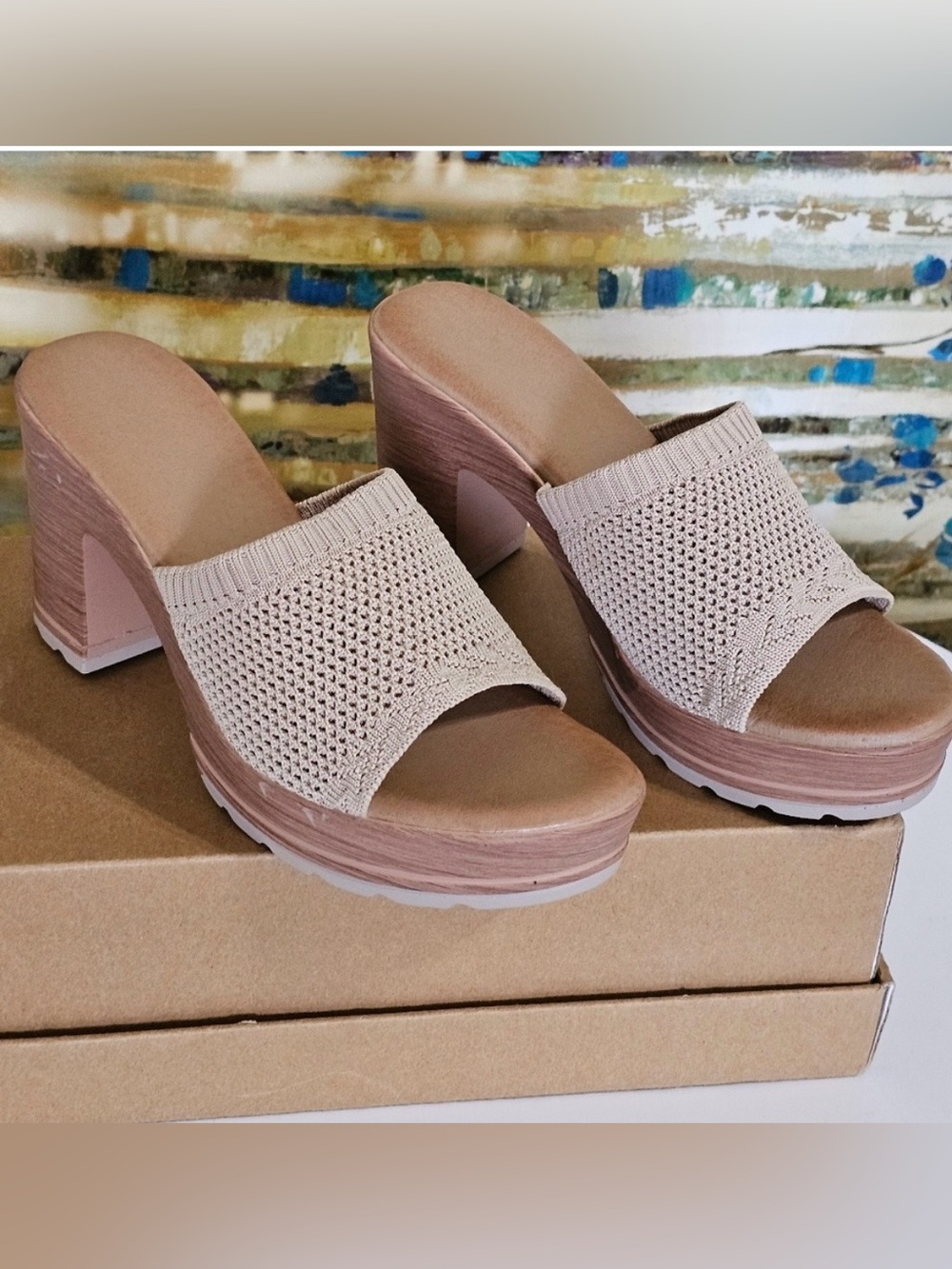 Beige Knit Platform Mule Heels - Women Casual Summer Resort Office Shoes - Picture 5 of 10